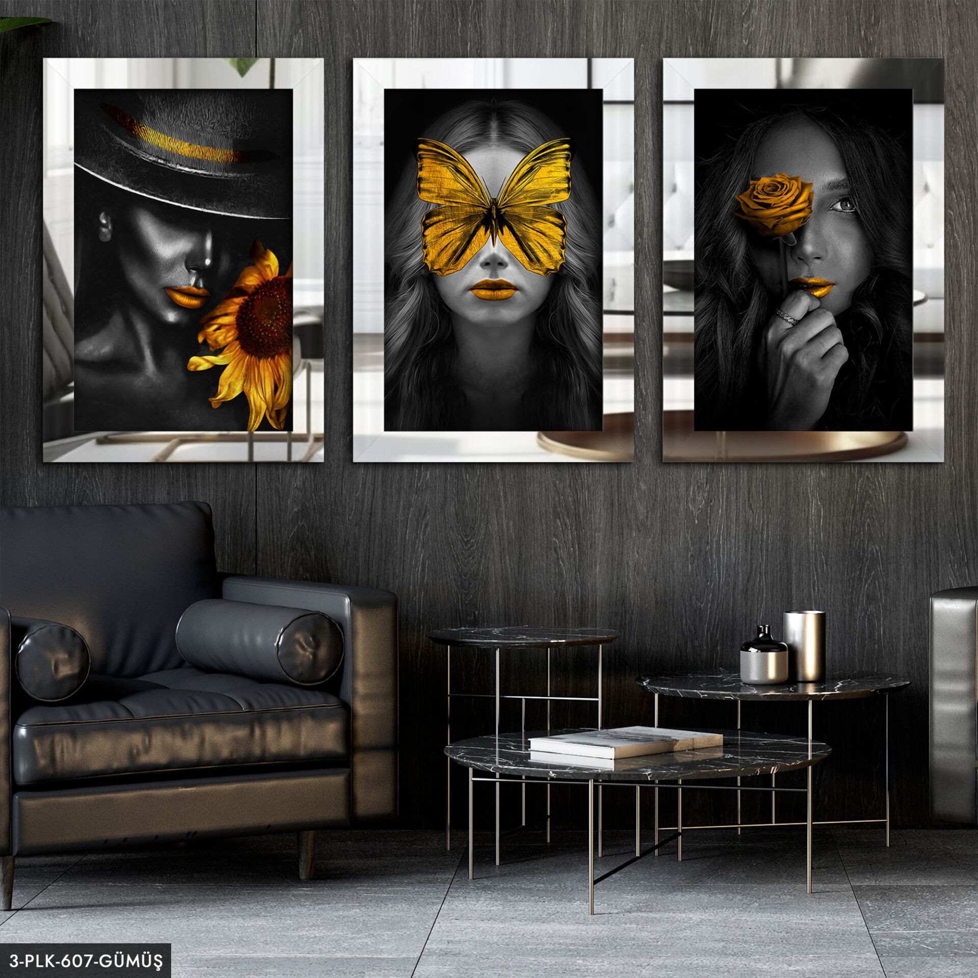 Kadın Portre Çiçek 3 Parça Pleksi Aynalı Tablo 60 x 80 CM - Gümüş