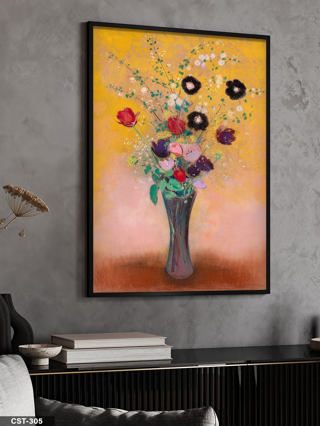 Vazoda Çiçek Buketi Tek Parça Ahşap Çerçeveli Tablo Siyah - 50 x 70 CM