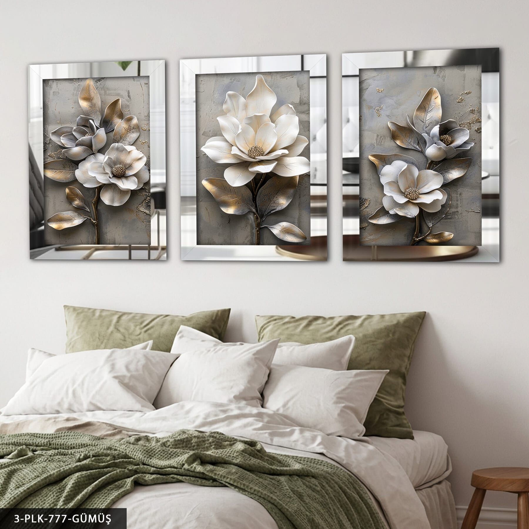 Dokulu Görünüm Gri ve Beyaz Çiçek 3 Parça Pleksi Aynalı Tablo Gümüş - 30 x 40 CM