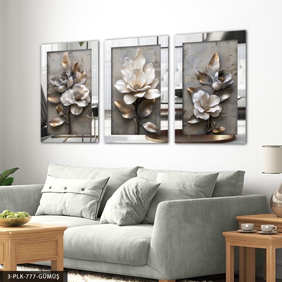 Dokulu Görünüm Gri ve Beyaz Çiçek 3 Parça Pleksi Aynalı Tablo Gümüş - 30 x 40 CM
