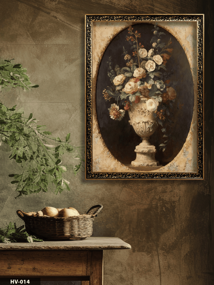 Çiçekli Vazo Vintage Desenli Premium Çerçeveli Tek Parça Tablo 75x55 CM HV