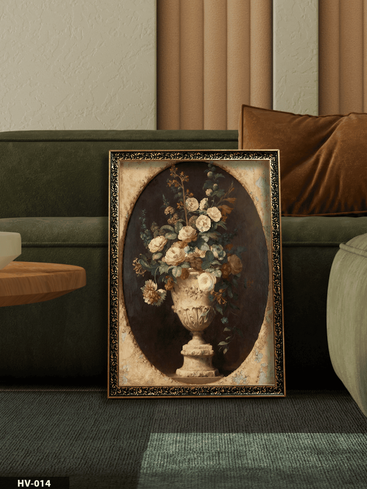 Çiçekli Vazo Vintage Desenli Premium Çerçeveli Tek Parça Tablo 75x55 CM HV