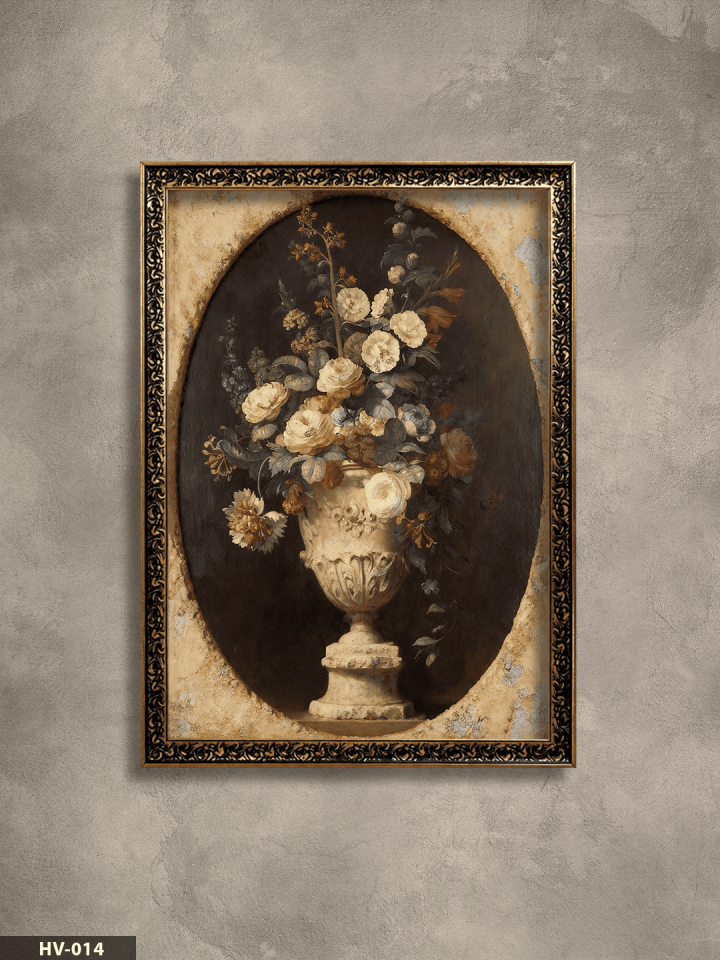 Çiçekli Vazo Vintage Desenli Premium Çerçeveli Tek Parça Tablo 75x55 CM HV