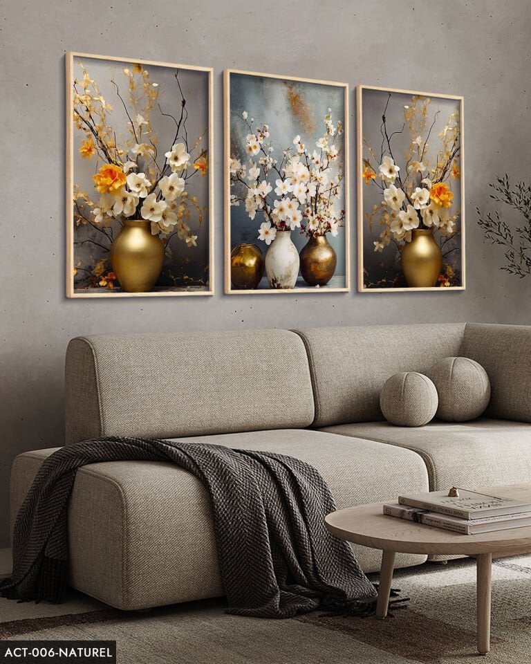 Vazodaki Çiçekler 3 Parça Ahşap Çerçeveli Tablo ACT Naturel - 30 x 40 CM