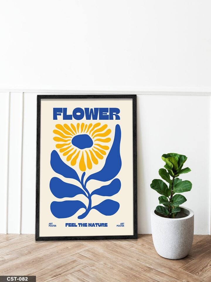 Sarı Çiçekli Flower Yazılı Tek Parça Ahşap Çerçeveli Tablo Siyah - 20 x 30 CM