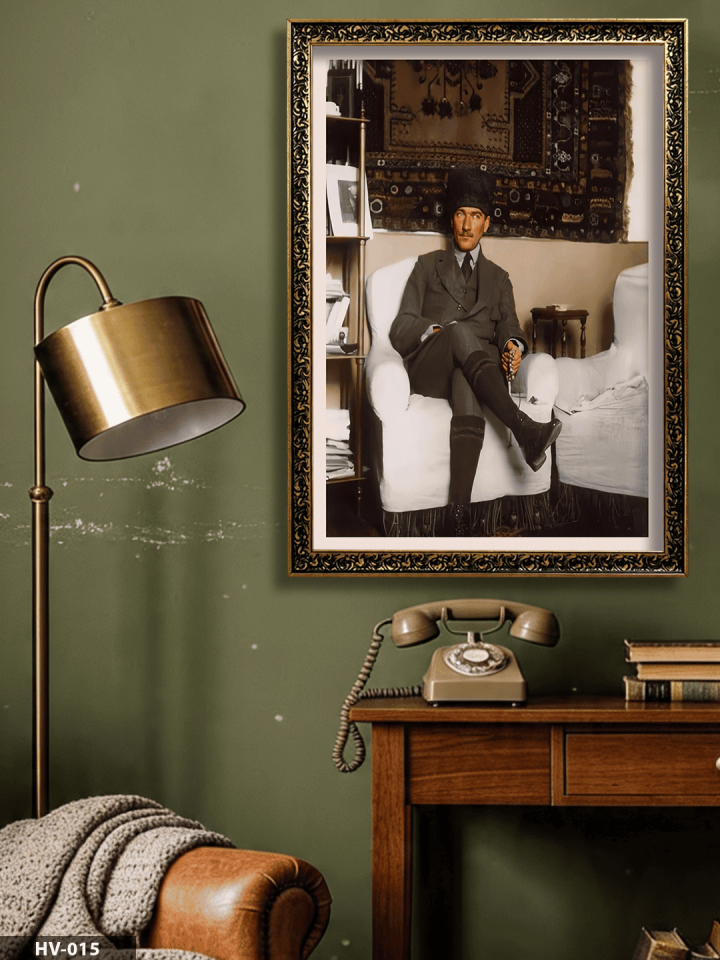 Mustafa Kemal Atatürk Vintage Desenli Premium Çerçeveli Tek Parça Tablo 75x55 CM HV