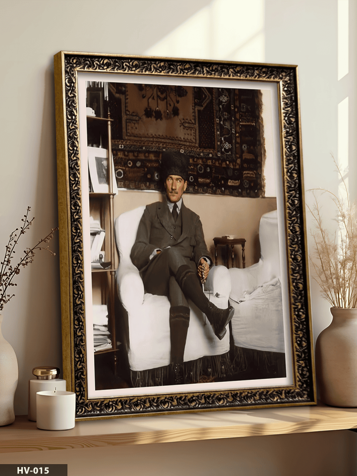 Mustafa Kemal Atatürk Vintage Desenli Premium Çerçeveli Tek Parça Tablo 75x55 CM HV