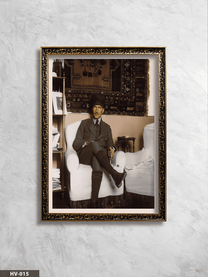 Mustafa Kemal Atatürk Vintage Desenli Premium Çerçeveli Tek Parça Tablo 75x55 CM HV