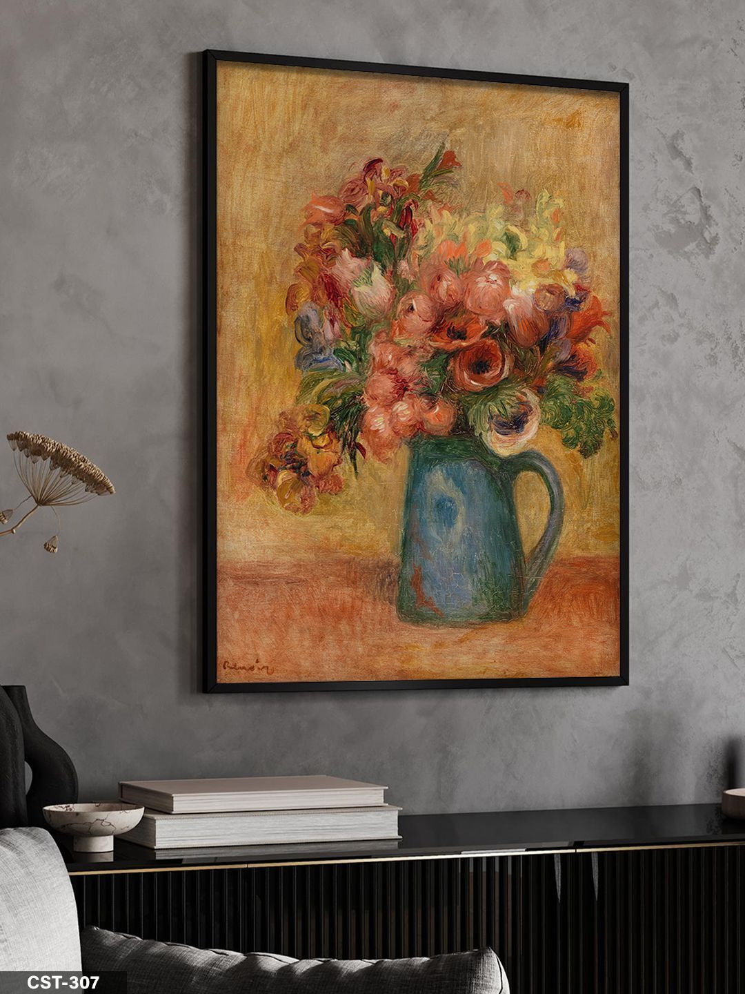 Pierre Auguste Renoir Vazoda Çiçekler Tek Parça Ahşap Çerçeveli Tablo Siyah - 50 x 70 CM