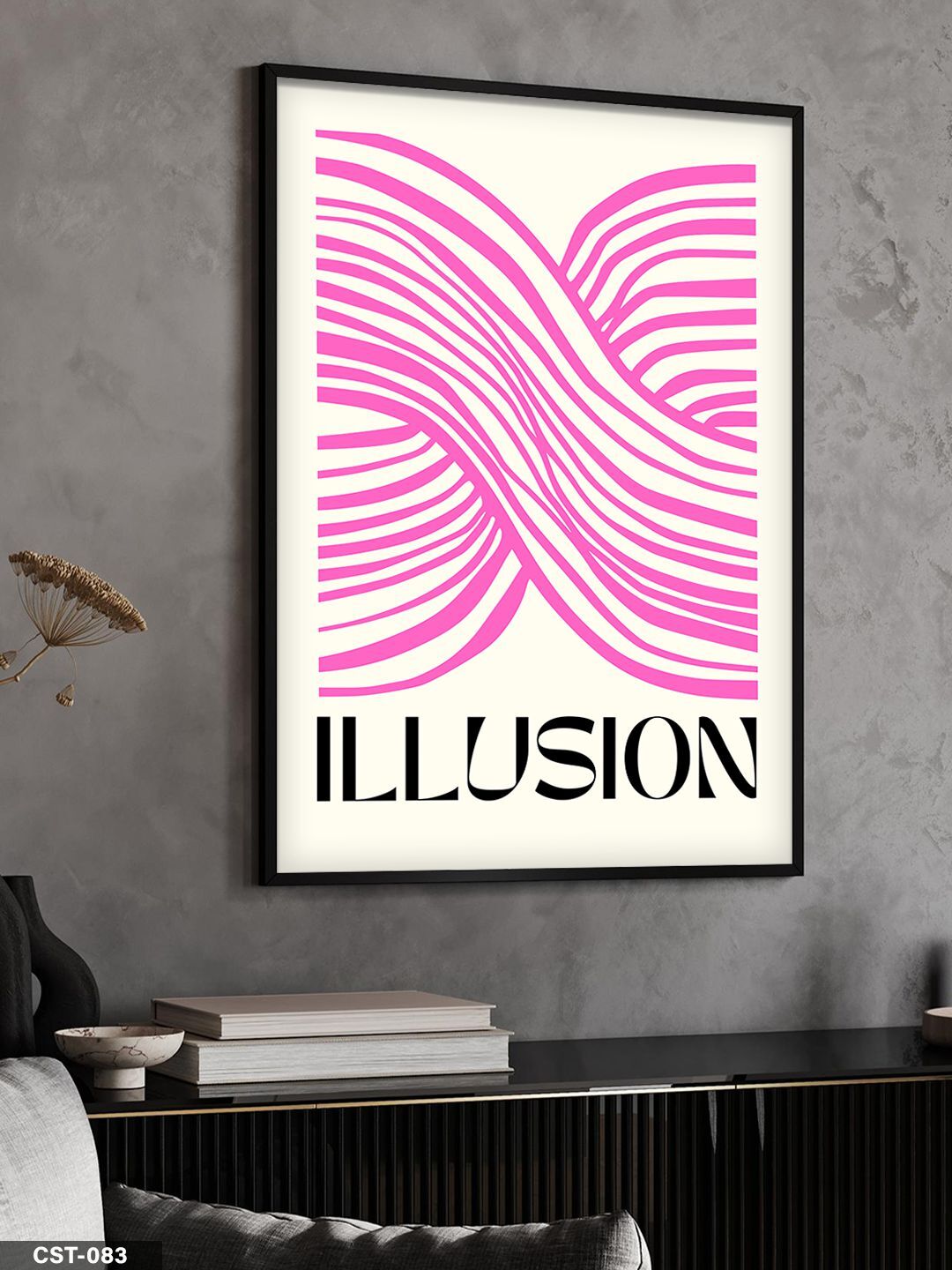 Pembe Dalgalı Illusion Tek Parça Ahşap Çerçeveli Tablo Siyah - 20 x 30 CM
