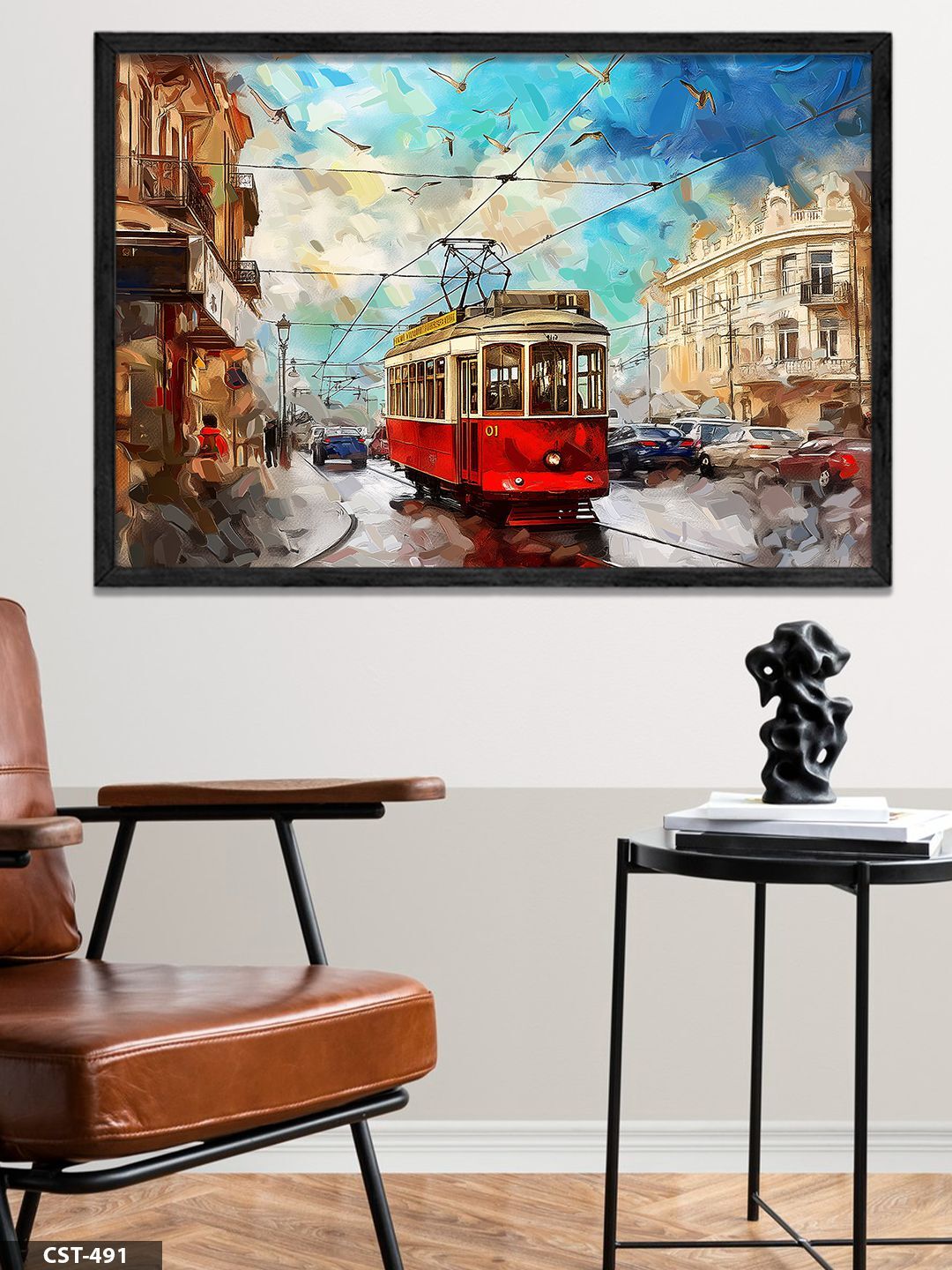 Kırmızı Tramvay Tek Parça Ahşap Çerçeveli Tablo Siyah - 30 x 40 CM
