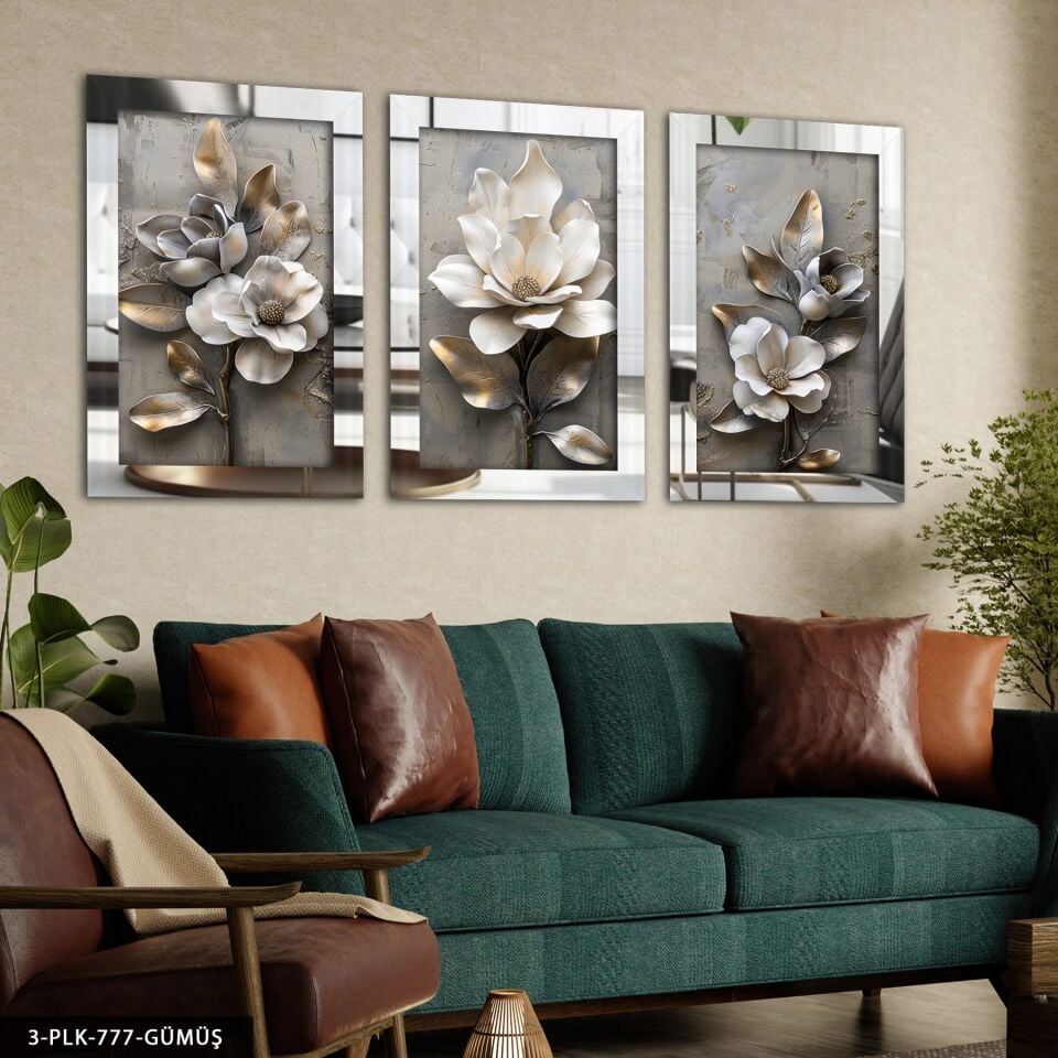 Dokulu Görünüm Gri ve Beyaz Çiçek 3 Parça Pleksi Aynalı Tablo Gümüş - 50 x 70 CM