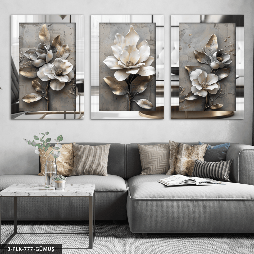 Dokulu Görünüm Gri ve Beyaz Çiçek 3 Parça Pleksi Aynalı Tablo Gümüş - 50 x 70 CM