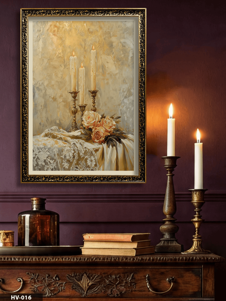 Güller ve Mum Vintage Desenli Premium Çerçeveli Tek Parça Tablo 75x55 CM HV