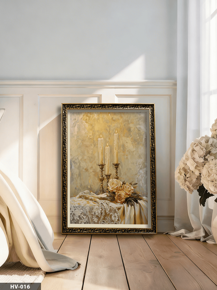 Güller ve Mum Vintage Desenli Premium Çerçeveli Tek Parça Tablo 75x55 CM HV