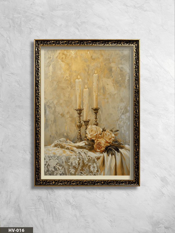 Güller ve Mum Vintage Desenli Premium Çerçeveli Tek Parça Tablo 75x55 CM HV