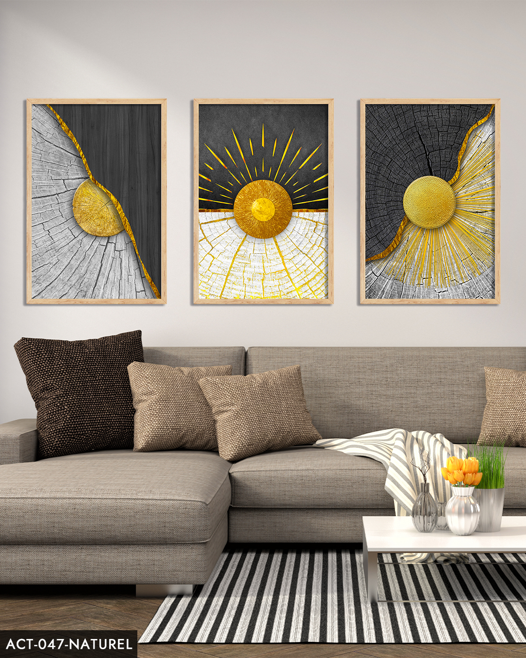 Soyut Altın Damar Desenli 3 Parça Ahşap Çerçeveli Tablo ACT Siyah - 40 x 60 CM
