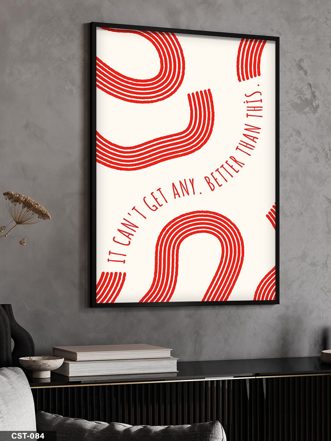 Kırmızı Dalgalı Desenli Tipografik Tek Parça Ahşap Çerçeveli Tablo Siyah - 20 x 30 CM