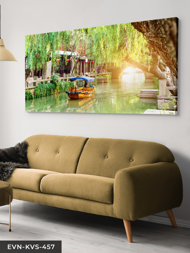 Irmak ve Kayık Tek Parça Kanvas - Canvas Tablo 140 x 90 CM - Çok Renkli