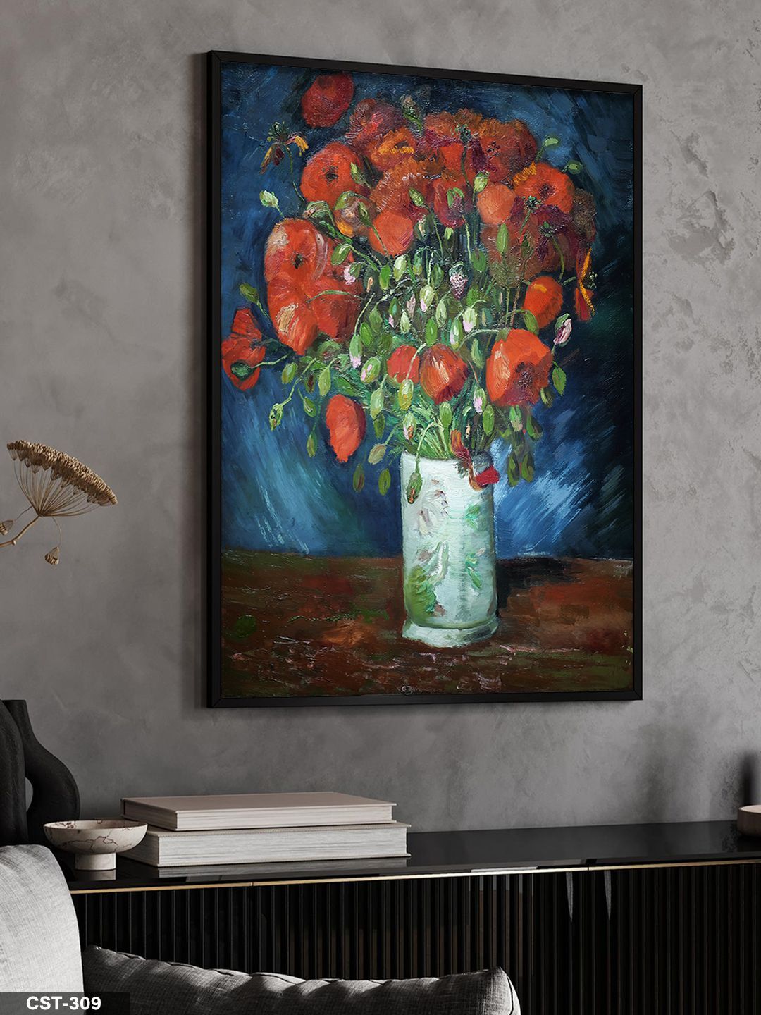 Vincent Van Gogh Vazoda Gelincikler Tek Parça Ahşap Çerçeveli Tablo Siyah - 50 x 70 CM