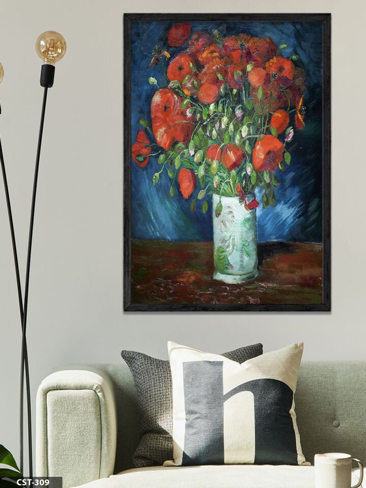 Vincent Van Gogh Vazoda Gelincikler Tek Parça Ahşap Çerçeveli Tablo Siyah - 50 x 70 CM