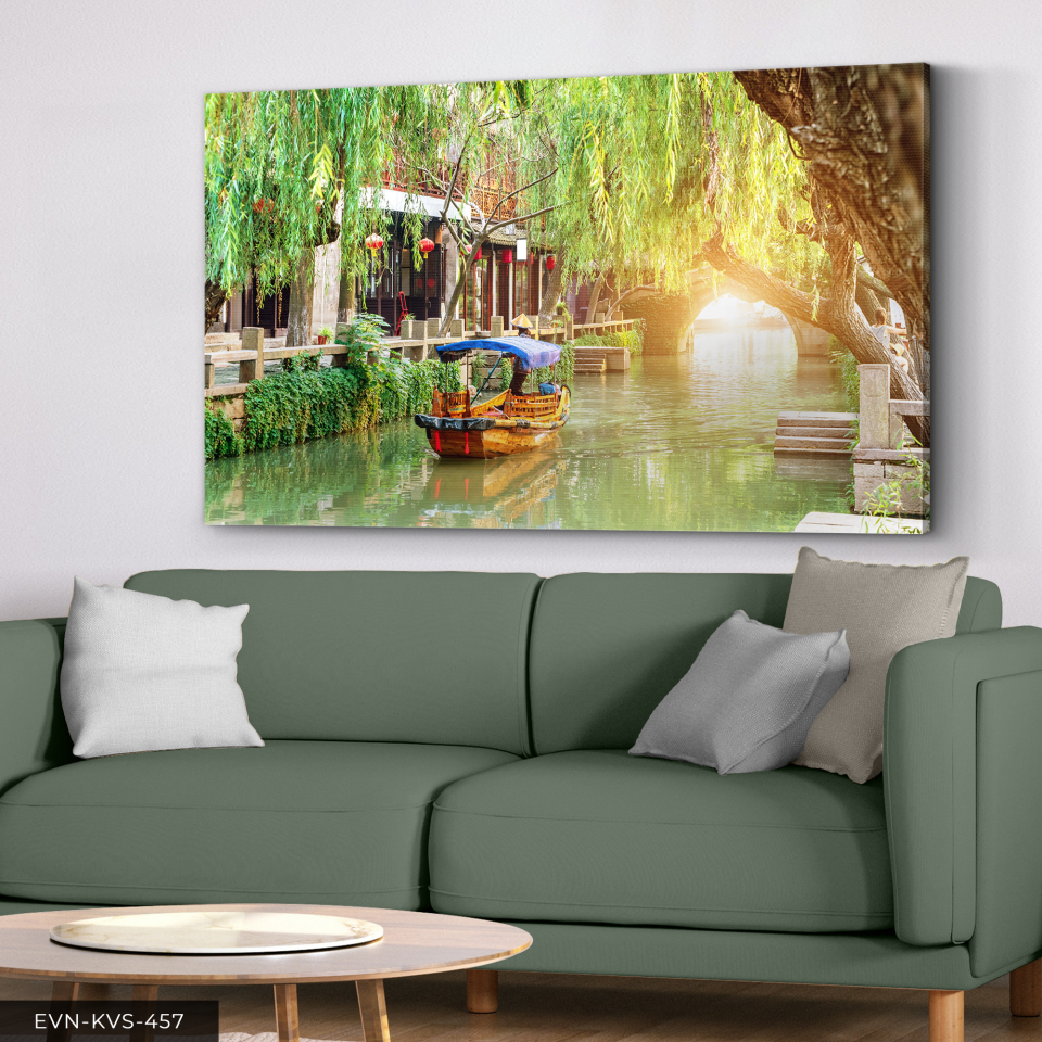 Irmak ve Kayık Tek Parça Kanvas - Canvas Tablo 140 x 90 CM - Çok Renkli