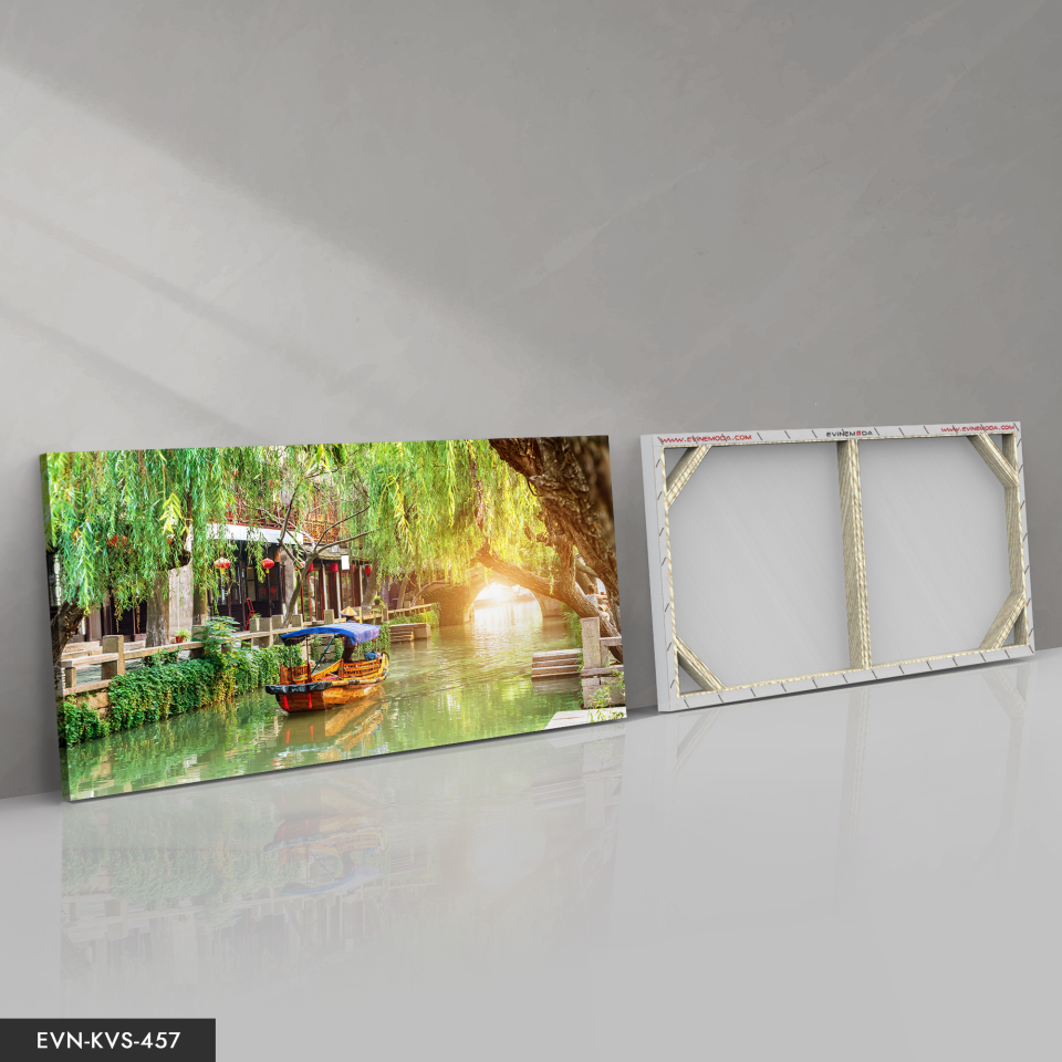 Irmak ve Kayık Tek Parça Kanvas - Canvas Tablo 140 x 90 CM - Çok Renkli