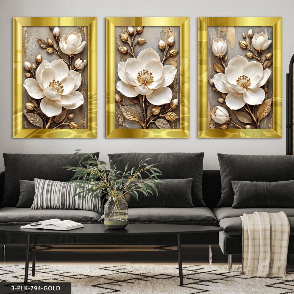 Gold Yapraklı Beyaz Dokulu Görünüm Çiçekler 3 Parça Pleksi Aynalı Tablo 30 x 40 CM - Gold
