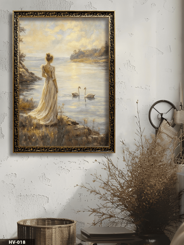 Kadın ve Kuğular Vintage Desenli Premium Çerçeveli Tek Parça Tablo 75x55 CM HV