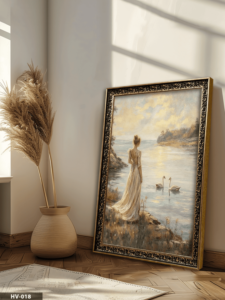 Kadın ve Kuğular Vintage Desenli Premium Çerçeveli Tek Parça Tablo 75x55 CM HV