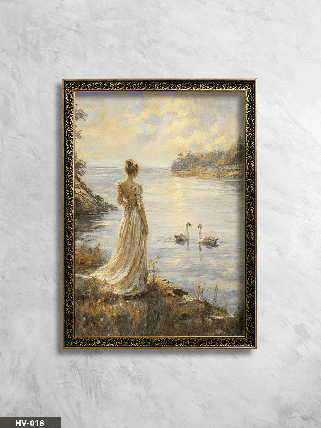 Kadın ve Kuğular Vintage Desenli Premium Çerçeveli Tek Parça Tablo 75x55 CM HV