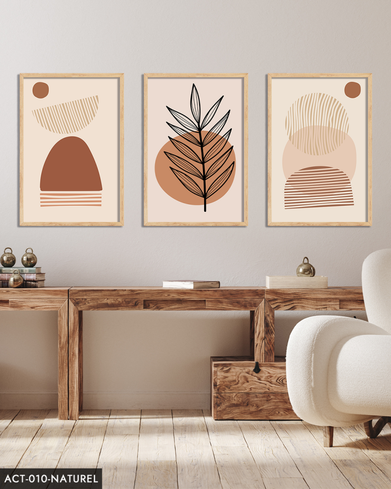 Soyut Tasarım Bohem Tarzı 3 Parça Ahşap Çerçeveli Tablo ACT Naturel - 30 x 40 CM