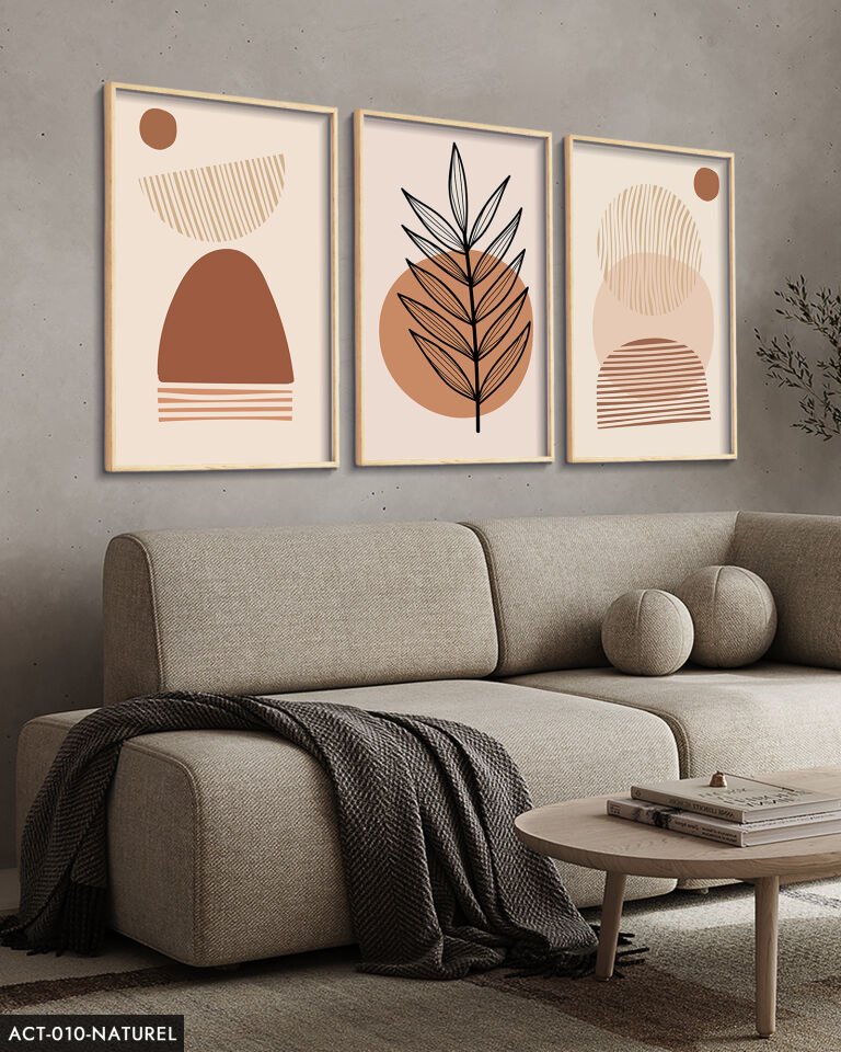 Soyut Tasarım Bohem Tarzı 3 Parça Ahşap Çerçeveli Tablo ACT Naturel - 30 x 40 CM