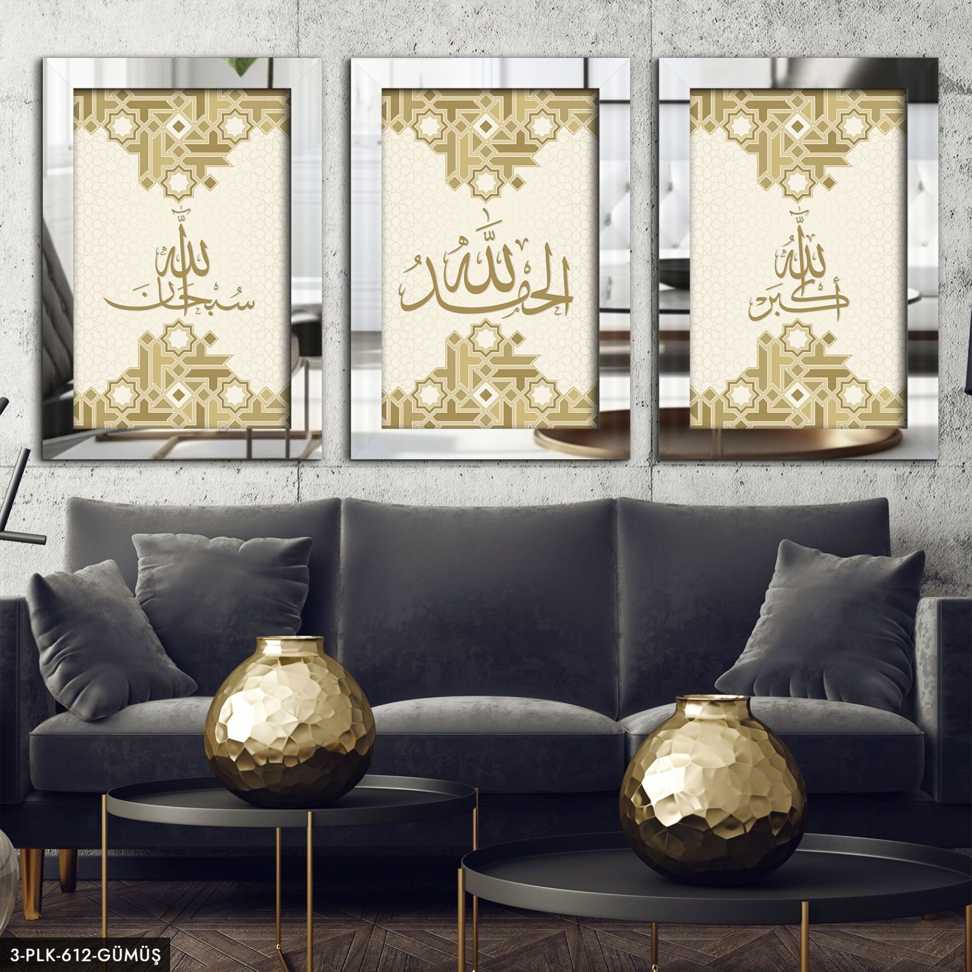 Subhanallah Elhamdülillah Allahu Ekber 3 Parça Pleksi Aynalı Tablo 60 x 80 CM - Gümüş