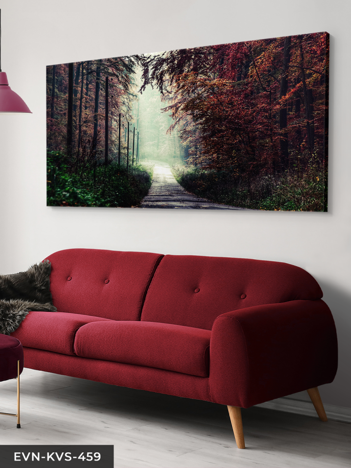 Kırmızı Ağaçlı Orman Yolu Tek Parça Kanvas - Canvas Tablo 140 x 90 CM - Çok Renkli
