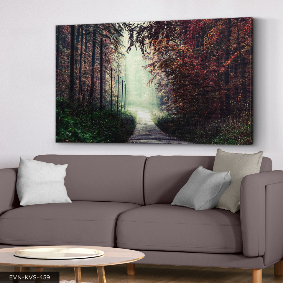 Kırmızı Ağaçlı Orman Yolu Tek Parça Kanvas - Canvas Tablo 140 x 90 CM - Çok Renkli