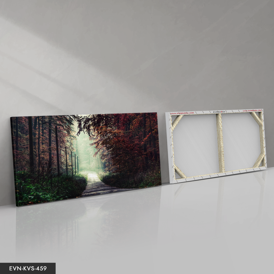 Kırmızı Ağaçlı Orman Yolu Tek Parça Kanvas - Canvas Tablo 140 x 90 CM - Çok Renkli