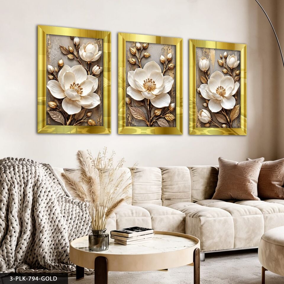 Gold Yapraklı Beyaz Dokulu Görünüm Çiçekler 3 Parça Pleksi Aynalı Tablo 50 x 70 CM - Gold