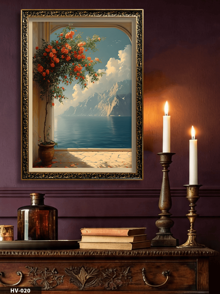 Sahile Açılan Çiçekli Kapı Vintage Desenli Premium Çerçeveli Tek Parça Tablo 75x55 CM HV