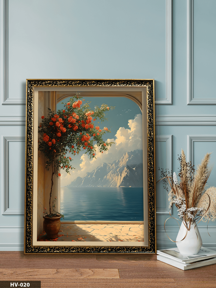 Sahile Açılan Çiçekli Kapı Vintage Desenli Premium Çerçeveli Tek Parça Tablo 75x55 CM HV