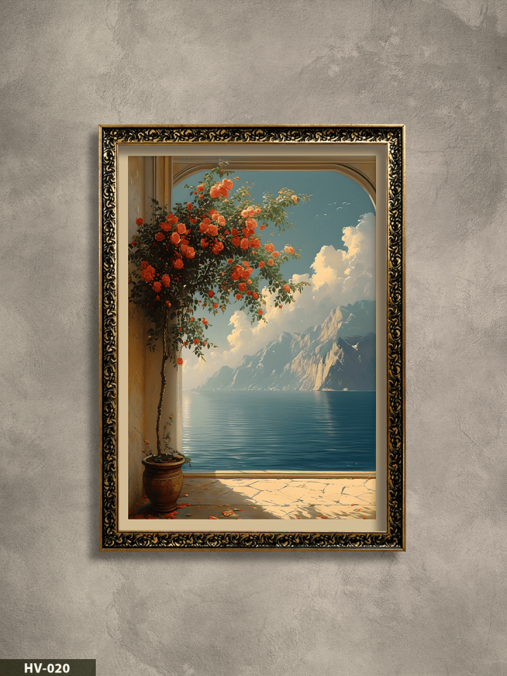 Sahile Açılan Çiçekli Kapı Vintage Desenli Premium Çerçeveli Tek Parça Tablo 75x55 CM HV