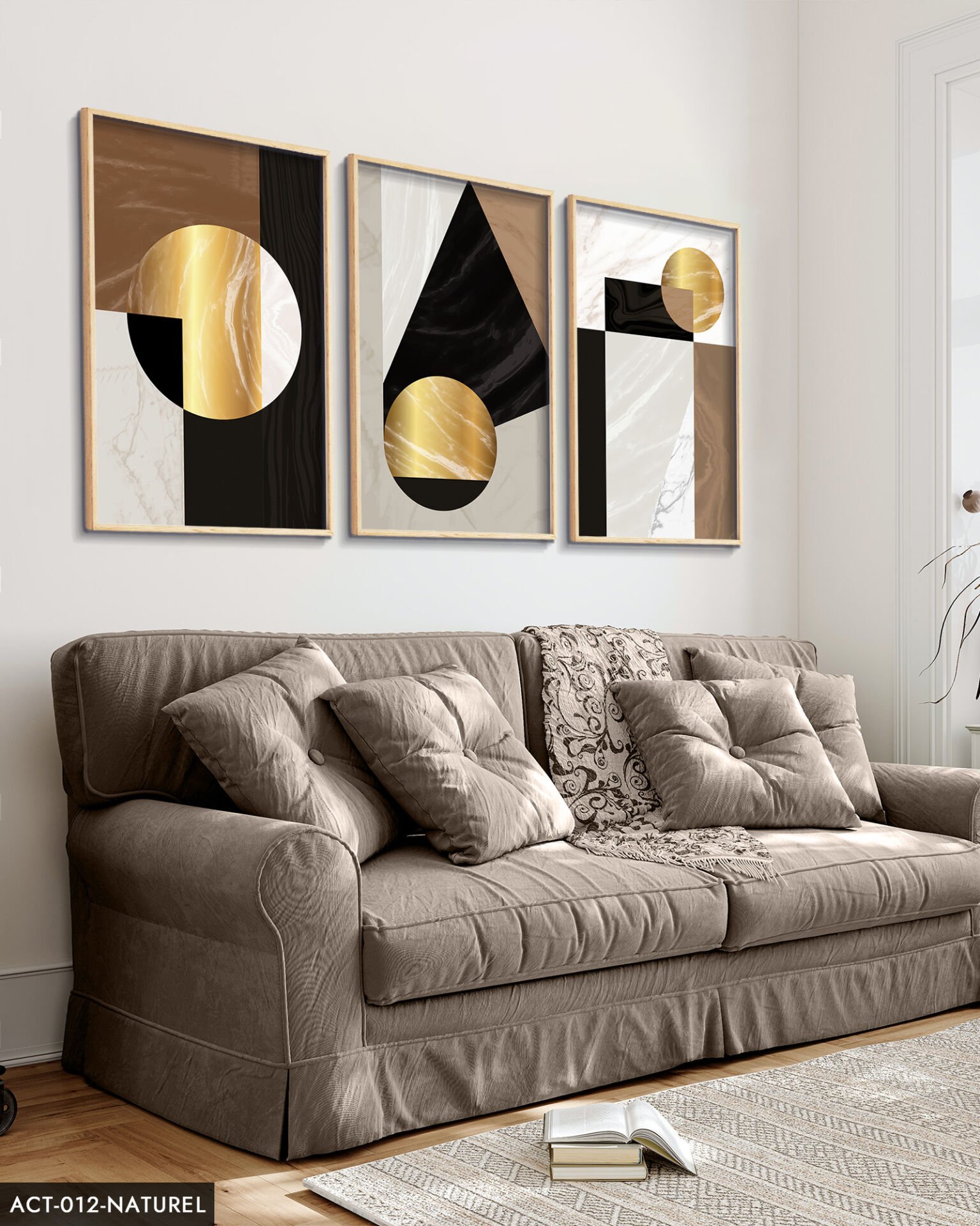 Gold Soyut Desenlerin 3 Parça Ahşap Çerçeveli Tablo ACT Naturel - 30 x 40 CM