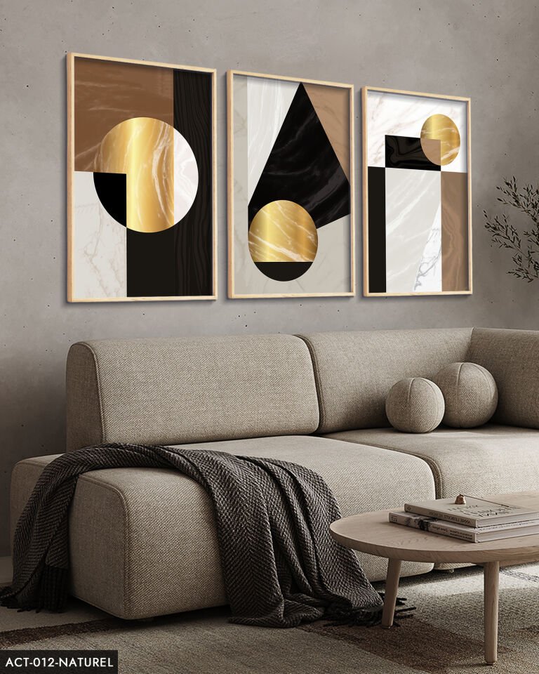 Gold Soyut Desenlerin 3 Parça Ahşap Çerçeveli Tablo ACT Naturel - 30 x 40 CM