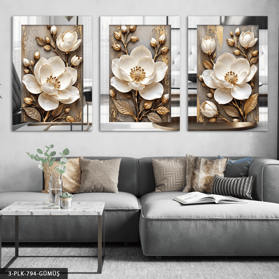 Gold Yapraklı Beyaz Dokulu Görünüm Çiçekler 3 Parça Pleksi Aynalı Tablo Gümüş - 30 x 40 CM
