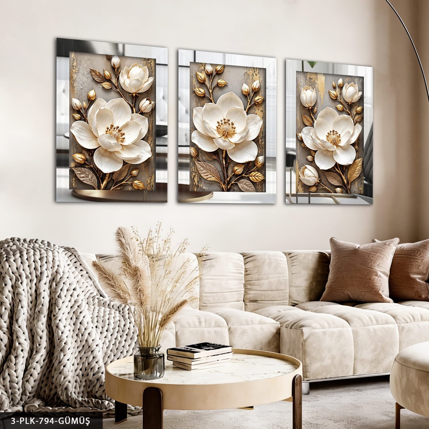 Gold Yapraklı Beyaz Dokulu Görünüm Çiçekler 3 Parça Pleksi Aynalı Tablo Gümüş - 30 x 40 CM