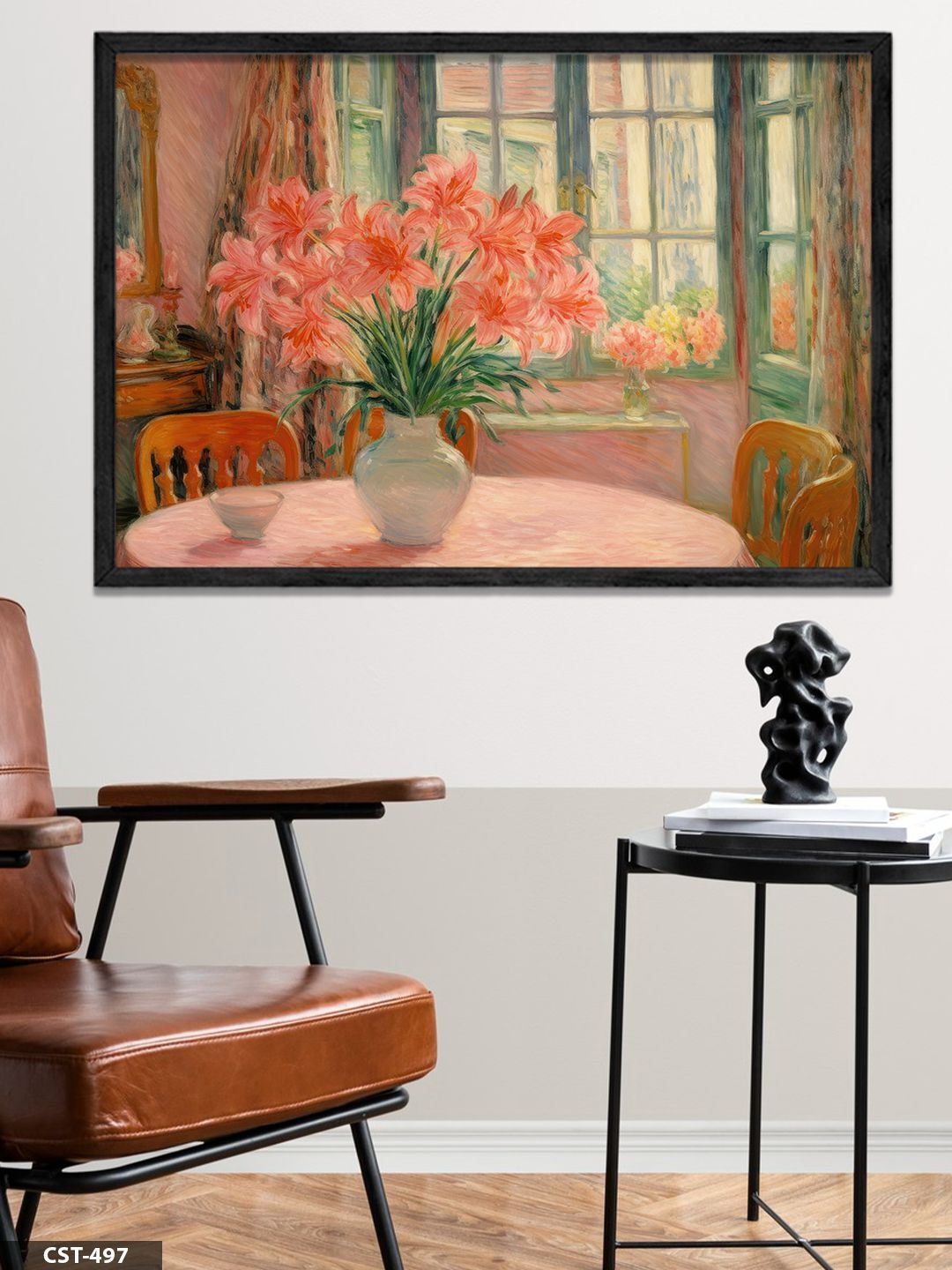 Yağlı Boya Pembe Çiçekler Tek Parça Ahşap Çerçeveli Tablo Siyah - 30 x 40 CM
