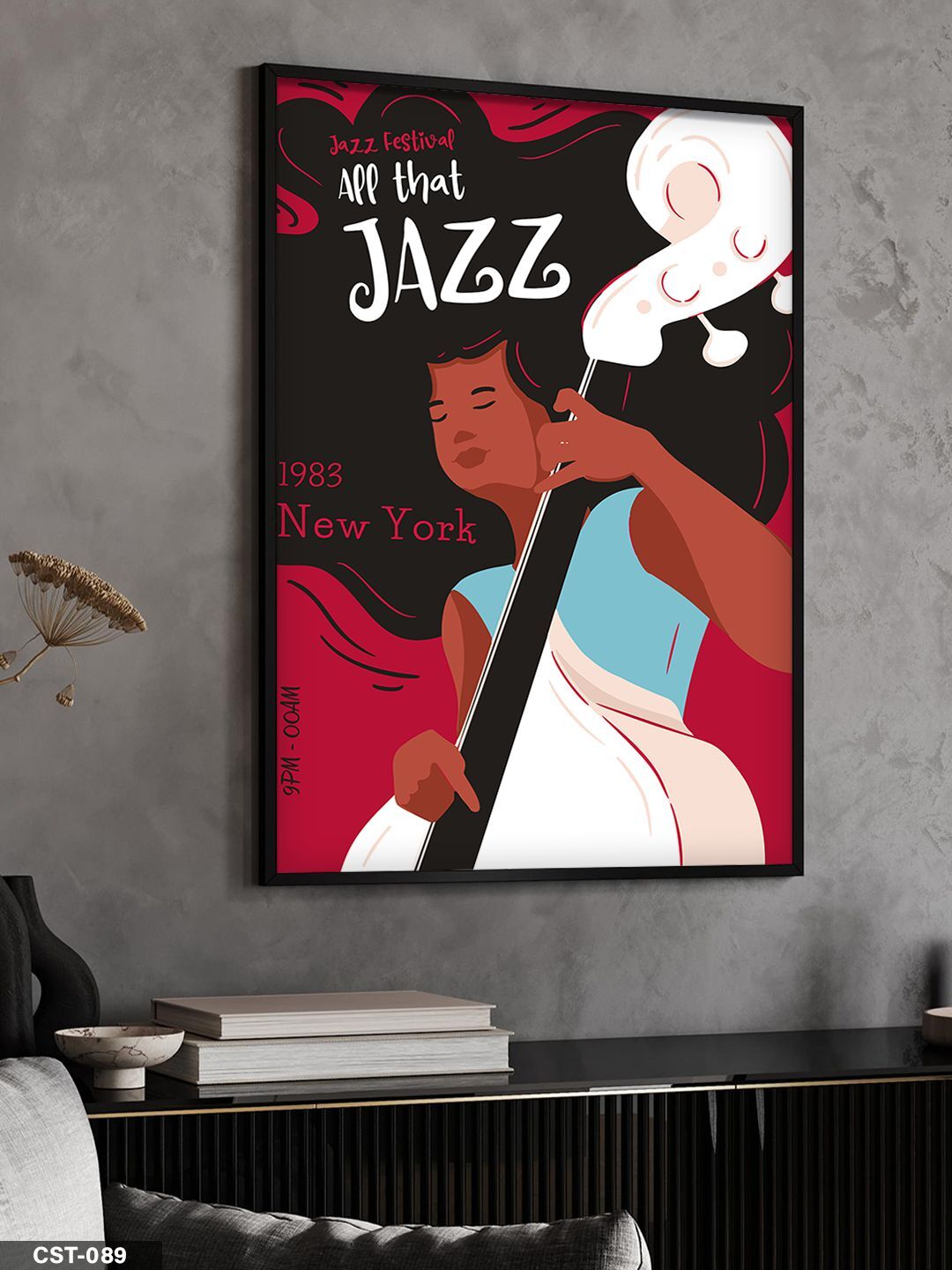 Siyah Fonlu Caz illüstrasyon Jazz Yazılı Tek Parça Ahşap Çerçeveli Tablo Siyah - 20 x 30 CM