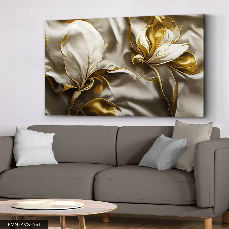 Gold Yapraklı Zambak Tek Parça Kanvas - Canvas Tablo 140 x 90 CM - Çok Renkli