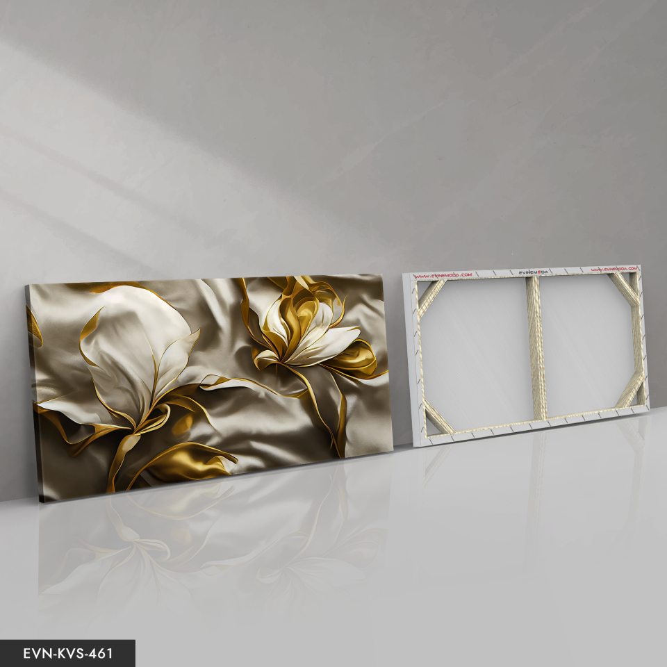 Gold Yapraklı Zambak Tek Parça Kanvas - Canvas Tablo 140 x 90 CM - Çok Renkli