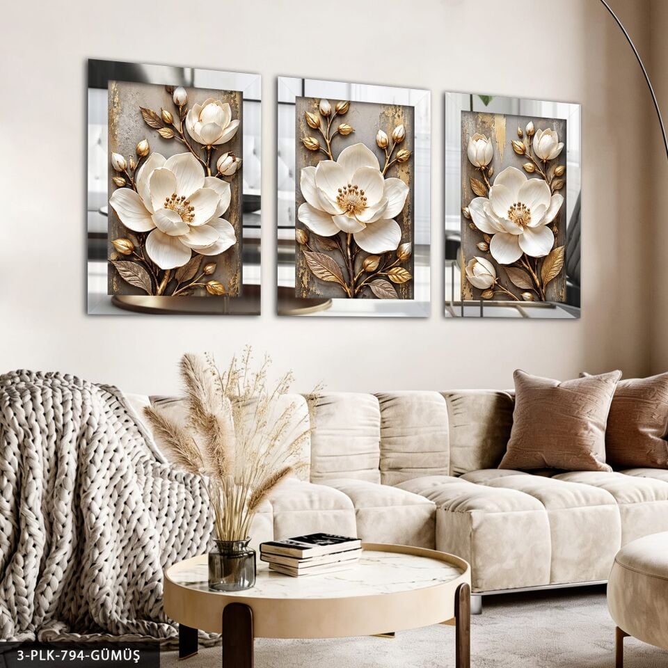 Gold Yapraklı Beyaz Dokulu Görünüm Çiçekler 3 Parça Pleksi Aynalı Tablo Gümüş - 40 x 60 CM